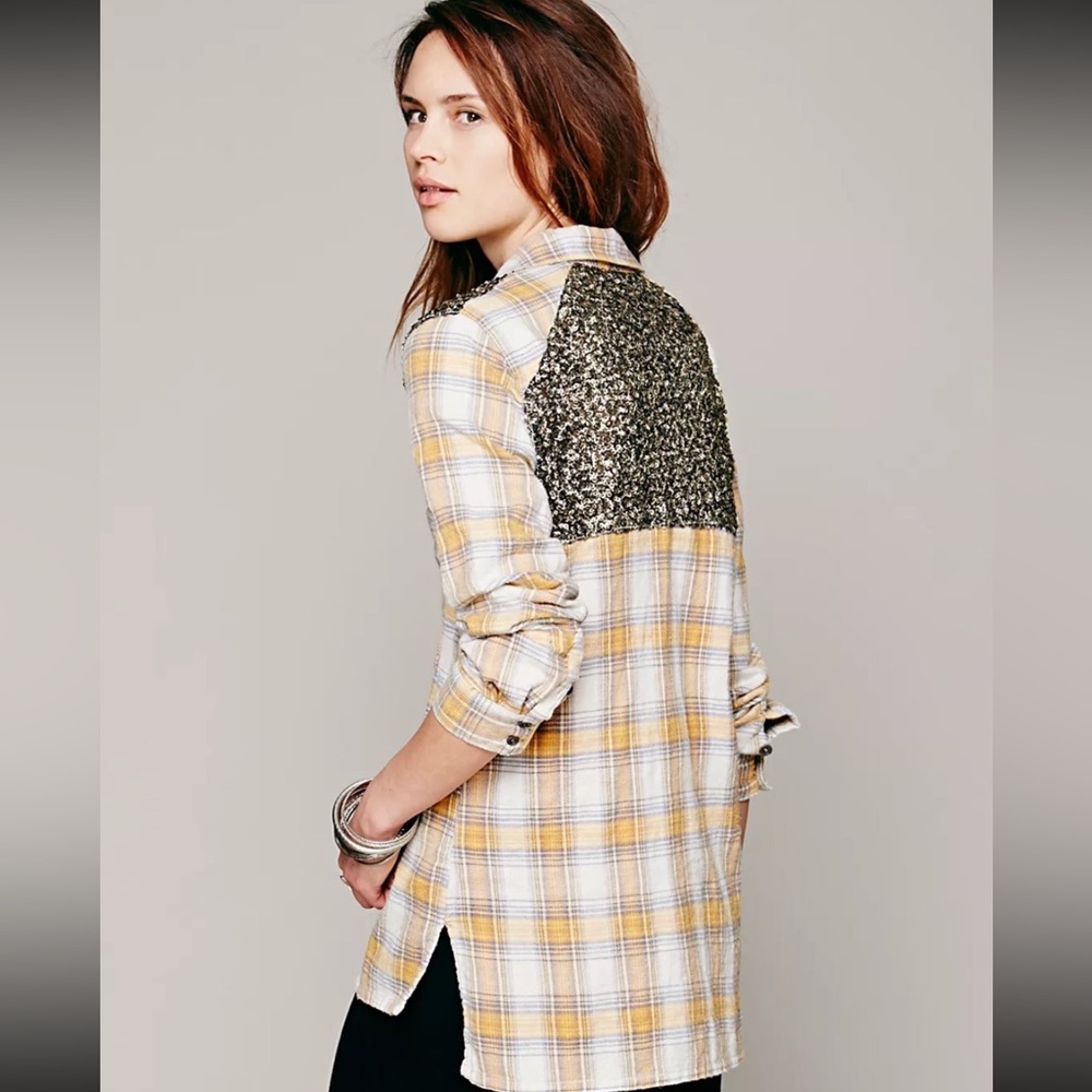 Free People plaid sequin yoke buttonedown Small